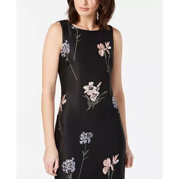 Calvin Klein Women's 4 High Neck Sleeveless Sheath Dress Black Embroidered Flora - Picture 3 of 10